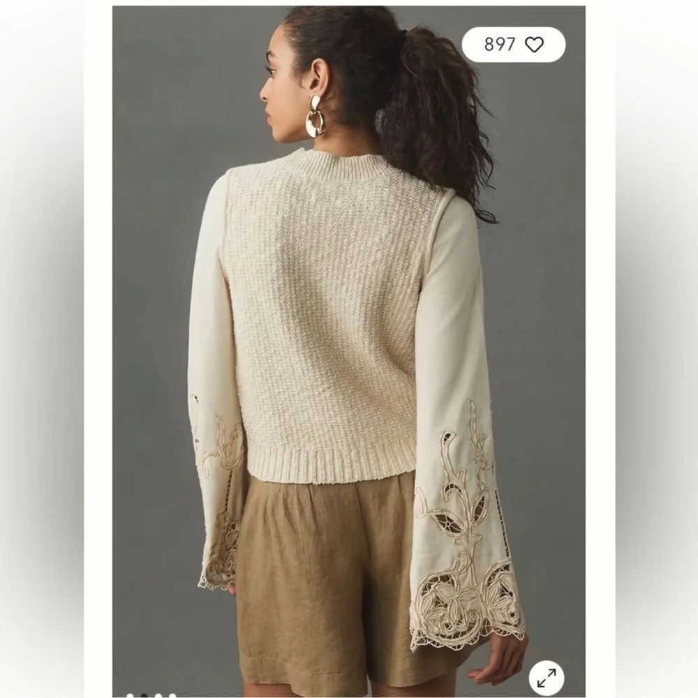 Anthropologie Cotton Lace Bell Sleeve Textured Knit Top size small EUC - Picture 4 of 4